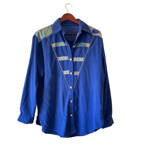 Vintage Silk Military Inspired Button Up Shirt Royal Blue Statement Top Size XL - Picture 1 of 4